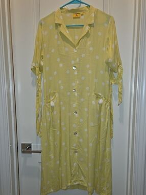 Light Yellow Polka Dot Midi Shirt Dress with Front Buttons